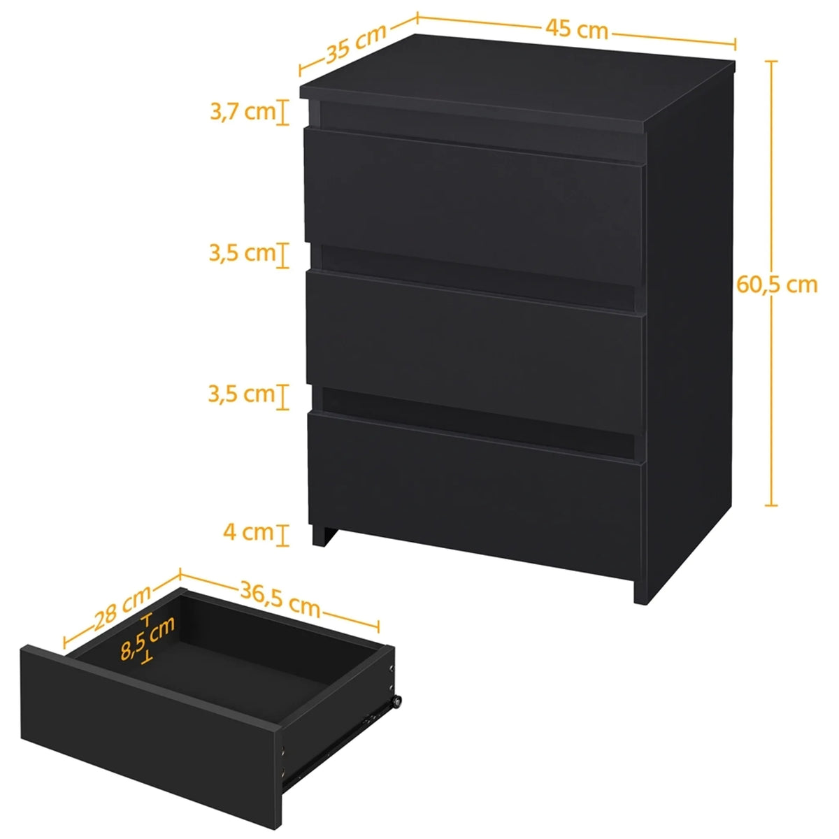 Yaheetech – Stilvoller Nachttisch mit 3 Schubladen, 45,5 x 35,5 x 60,5 cm – Elegantes Schwarz – MDF