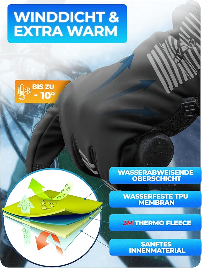 MIVELO Winterhandschuhe - Winddicht - Wasserdicht - Touchscreen - 3M Isolierung - Anti-Rutsch - Schwarz
