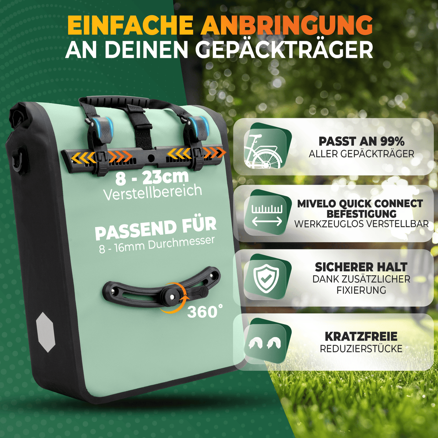 MiVelo Max - 2-in-1 wasserdichte Packtasche für Gepäckträger - Mint - 25 L