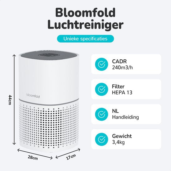 Bloomfold Luftreiniger - HEPA 13 Filter + Kohlefilter - CADR: 240m3/h. - Wifi-Modus & App - Luftqualitätsanzeige - 3 Modi + Schlafmodus