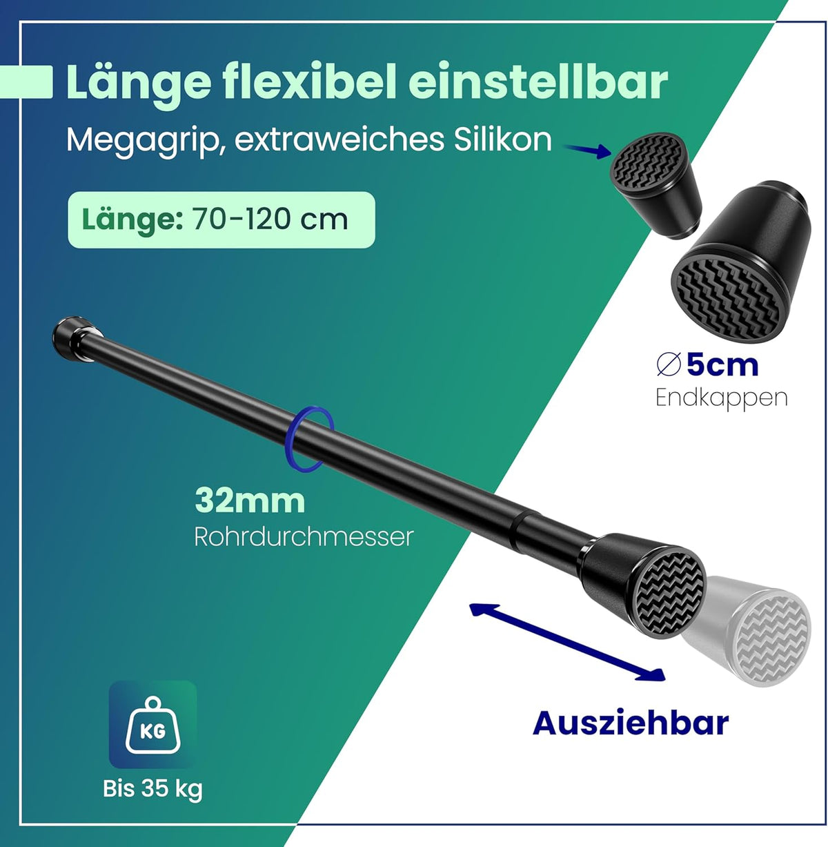 LOBUX® - Gardinenstange ohne Bohren [schwarz, 70-120cm] - Teleskopstange Gardinenverlängerung - Duschstange ohne Bohren - Gardinenstange, Duschvorhangstange, Kleiderstange, Klemmstange Katzennetz