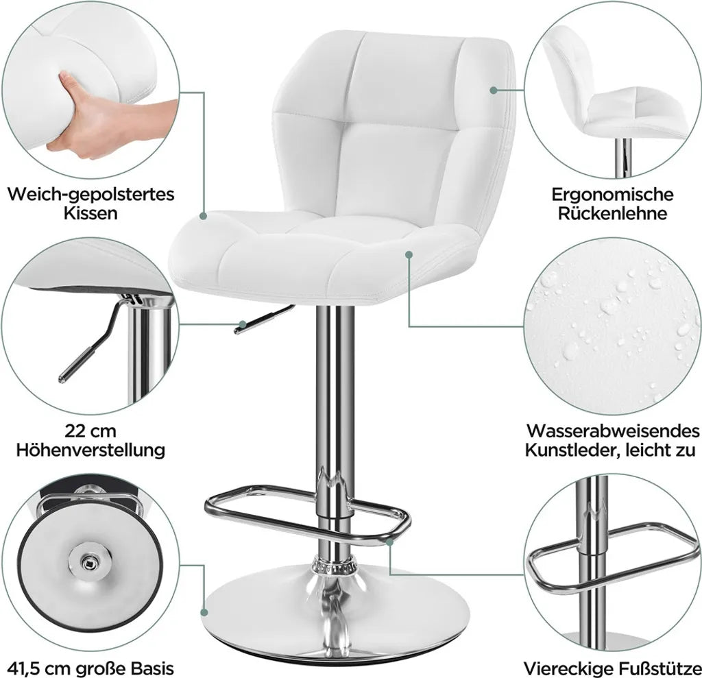 Yaheetech Barhocker-Set, 2er-Set – Weiß – Verstellbare, um 360° drehbare Barhocker mit Rückenlehne und Fußstütze