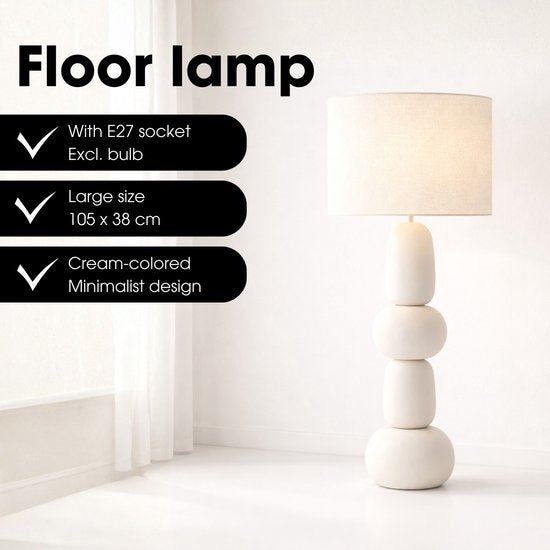 Mica Decorations - Menko Stehlampe für das Wohnzimmer – Mit Lampenschirm – 105 x ⌀38 cm – 60 W, E27, IP20 – Creme