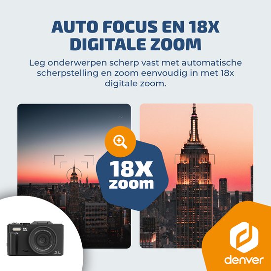 Denver Digitalkamera – Full HD 5K – 75 MP – Vlog-Kamera – WLAN-Verbindung – Foto & Video – Fotokamera – DWC8475B