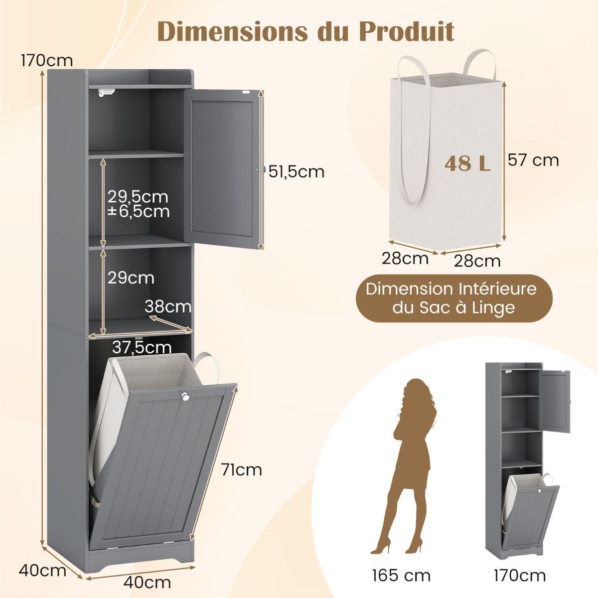 coast hoher Badezimmerschrank 170 cm grau - schmale Wäschesäule mit Wäschesack und verstellbaren Einlegeböden