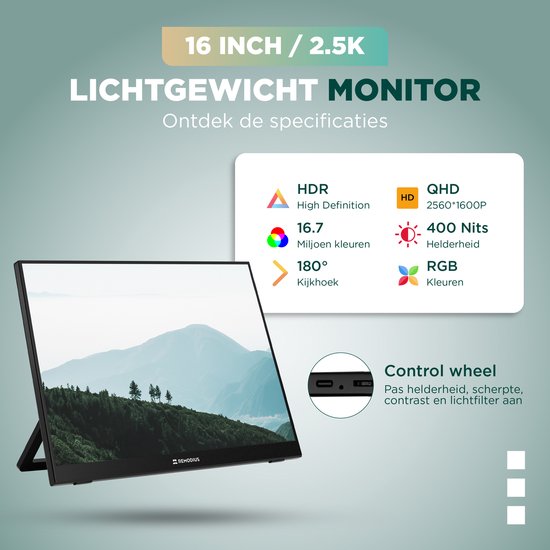 Remodius® Tragbarer Monitor 16 Zoll + Schutzhülle - Ultradünner tragbarer 2.5K-Monitor - Reise-Display-Bundle mit Schutzhülle - USB-C & Mini HDMI - IPS-Bildschirm, HDR, integrierter Kickstand - Für Laptop, Mac & Smartphone