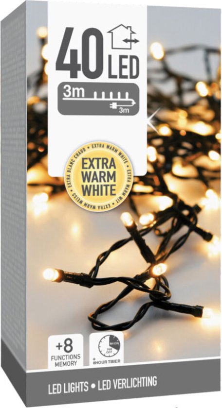 Weihnachtsbeleuchtung, 40 LEDs, 3 m – extra warmweiß – Timer – Lichtfunktionen – Speicher – für den Außen- und Innenbereich