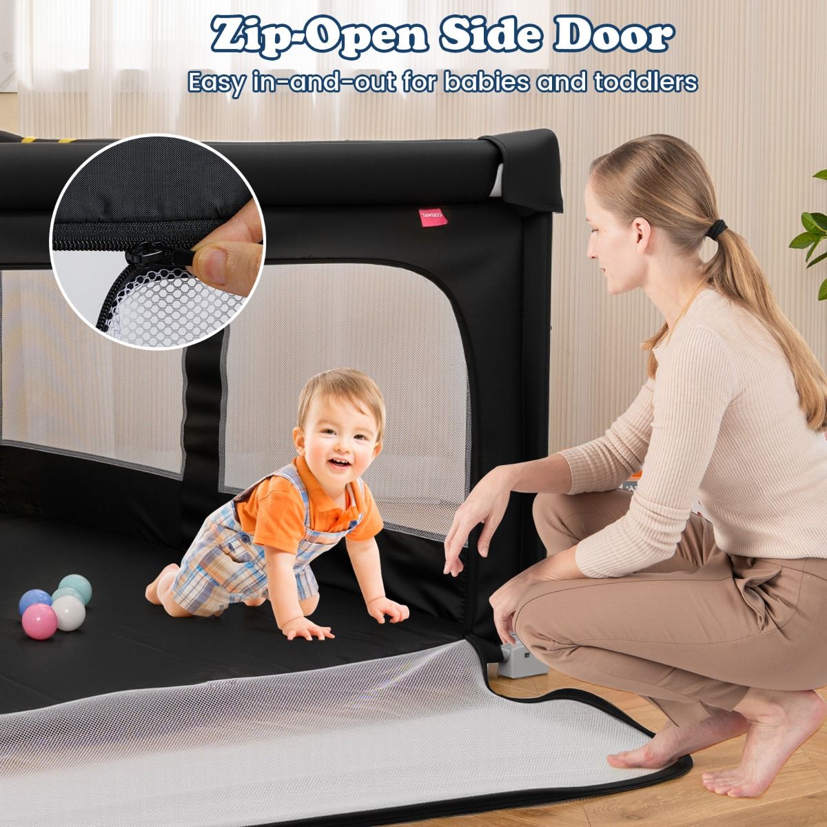 coast baby walker 150 x 150 cm - Faltbares Spielgitter mit 50 Bällen, 4 Griffen & Reißverschlusstür - Schwarz