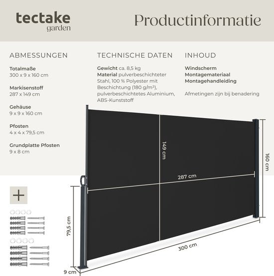 tectake® Ausziehbarer Windschutz mit Aufrollmechanismus – 300 x 160 cm – Seitenmarkise mit Aluminiumrahmen – Sonnenschutz – Gartenschutz – Schwarzer Balkon-Windschutz – Undurchsichtiger Sichtschutz – Markisentuch