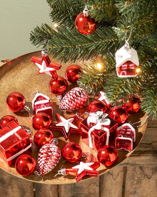 Black Box Trees Joy Künstlicher Weihnachtsbaum mit 26 Ornamenten und LED-Lichtern - H90 x Ø50 cm - Grün, Rot