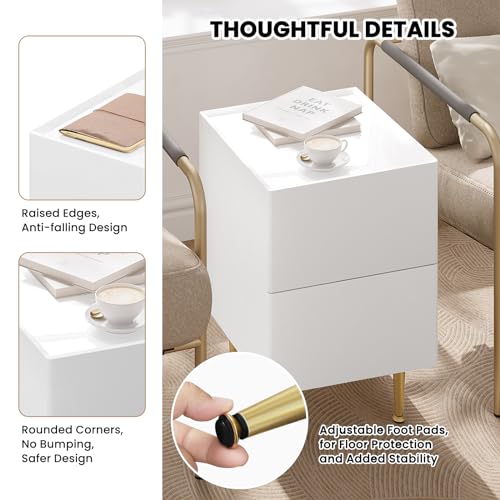 Woltu Nachttisch NTS10ws03 Weiß Hochglanz mit goldenen Akzenten - 2 Schubladen - MDF, PVC und Metall - 40 x 35 x 51 cm