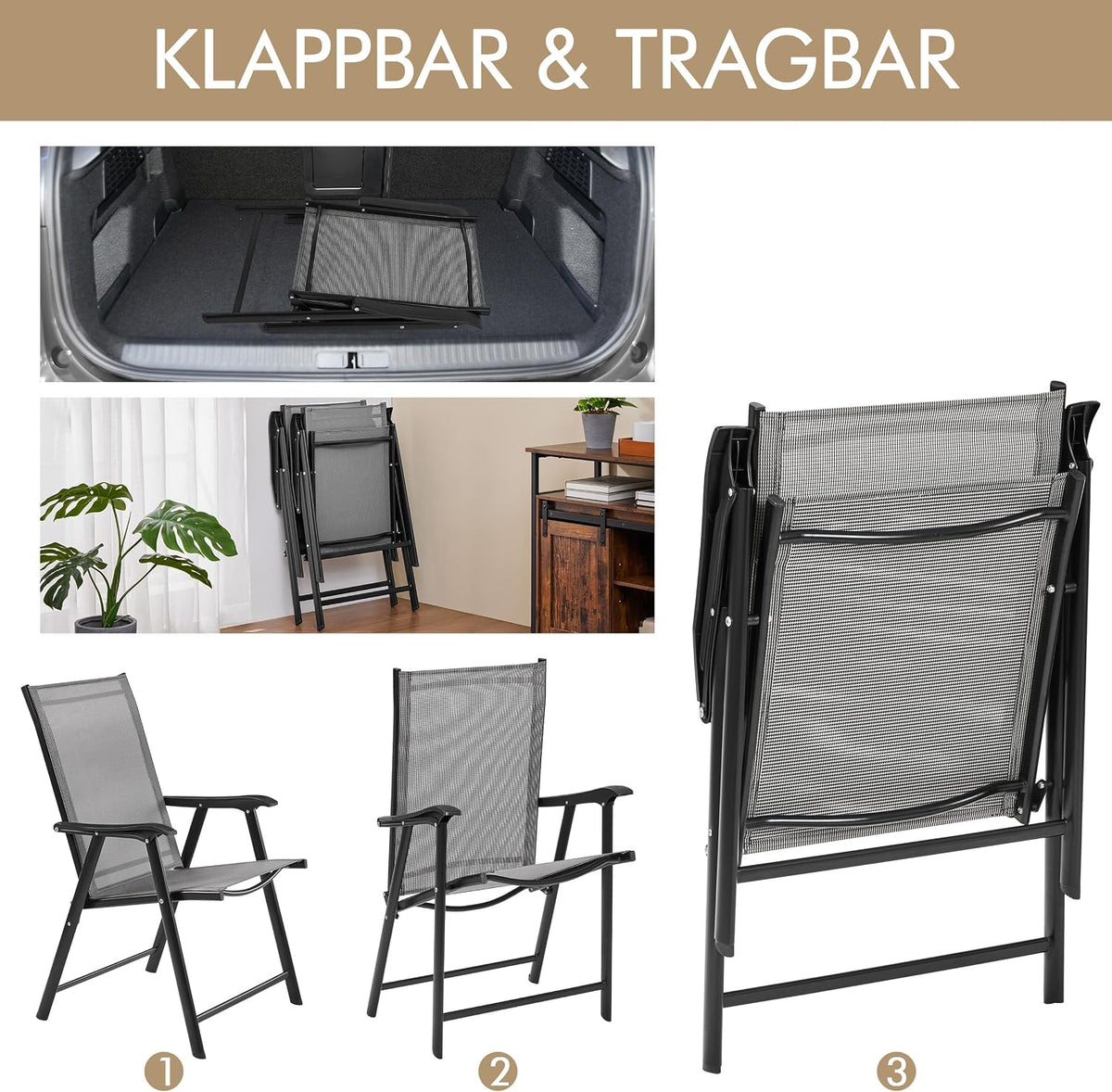 Yaheetech Gartenstuhl-Set, 2er-Set – Klappstühle mit Rückenlehne und Armlehnen – Braun – 54 x 57 x 93,5 cm – Belastbar bis 150 kg