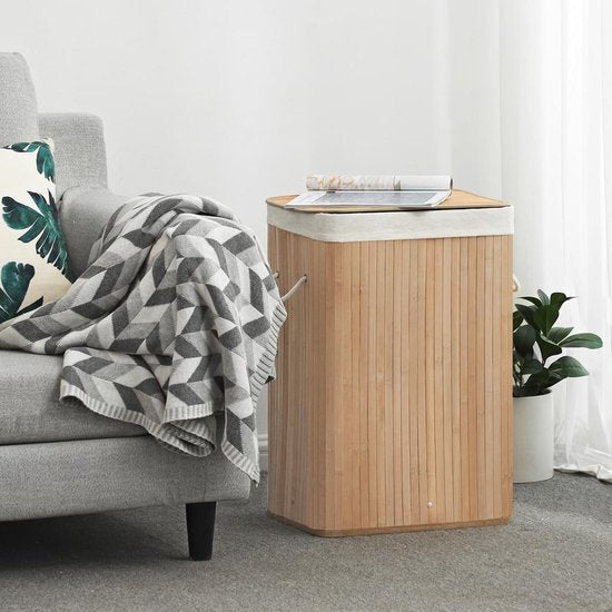 Songmics XL 72 Liter – Großer, zusammenklappbarer Wäschekorb – Bambus – waschbares Innenfutter – 40 x 30 x 60 cm