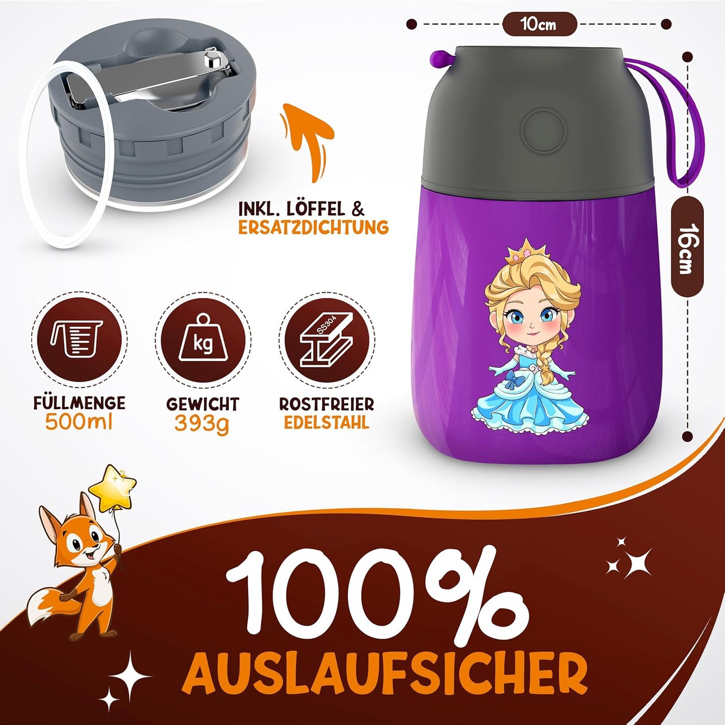 Funkelfuchs® Babykost Thermobecher - 500ml, lila Prinzessin - 100% auslaufsicher - Edelstahl Thermobecher - Thermobecher - Thermolunchbox - Babynahrung
