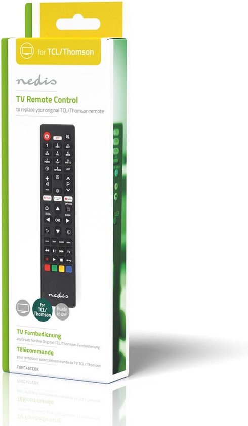 Nedis Ersatzfernbedienung – Geeignet für: TCL/Thomson – Vorprogrammiert – 1 Gerät – Amazon Prime-/Netflix-Taste/YouTube-Taste – Infrarot – Schwarz