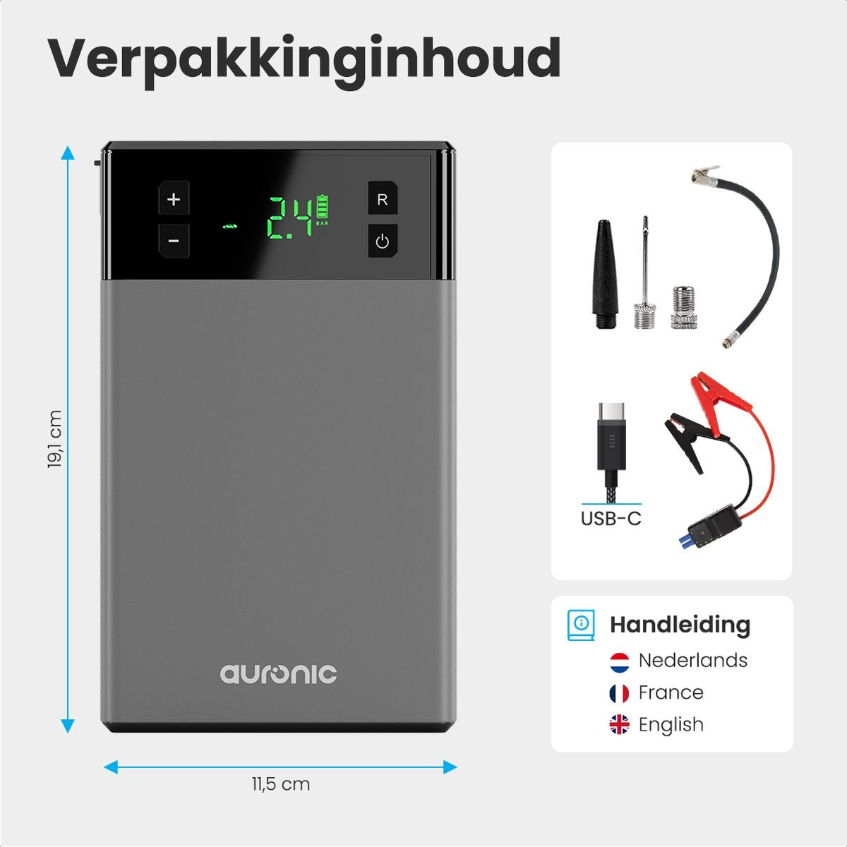 Auronic Jumpstarter - mit Kompressor - 12V - 1200A - 12.000 mAh - 6-in-1 Starthilfe - Inkl. Aufbewahrungstasche & Zubehör - Schwarz/Grau