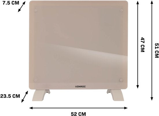 VONROC Luxury electric heater - Konvektorheizung mit Glasscheibe - 500W/1000W - Beheizt Räume bis zu 12m2 - Gesteuert sowohl mit App (über Wifi) als auch manuell - Einstellbarer Thermostat und Timer - Beige