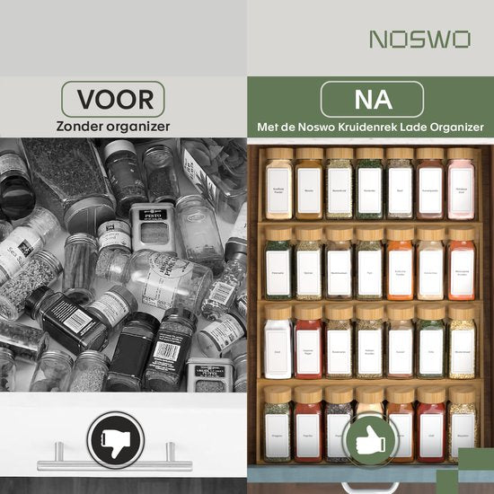 Noswo Gewürzregal-Schublade - 4 Schichten - für 28 Gewürzdosen - Edelstahl - Gewürzorganisation - Küchenschubladen-Organisation - Bambus