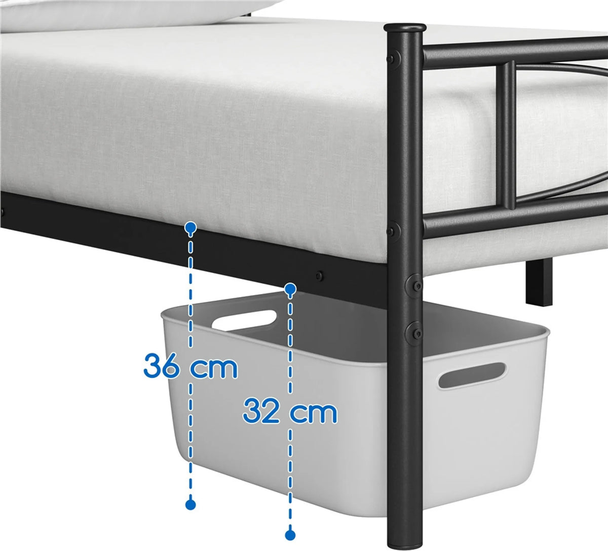 Yaheetech Metallbettgestell 90 x 200 cm – Schwarz – 204 kg – Mit Kopf- und Fußteil – 32 cm Stauraum unter dem Bett