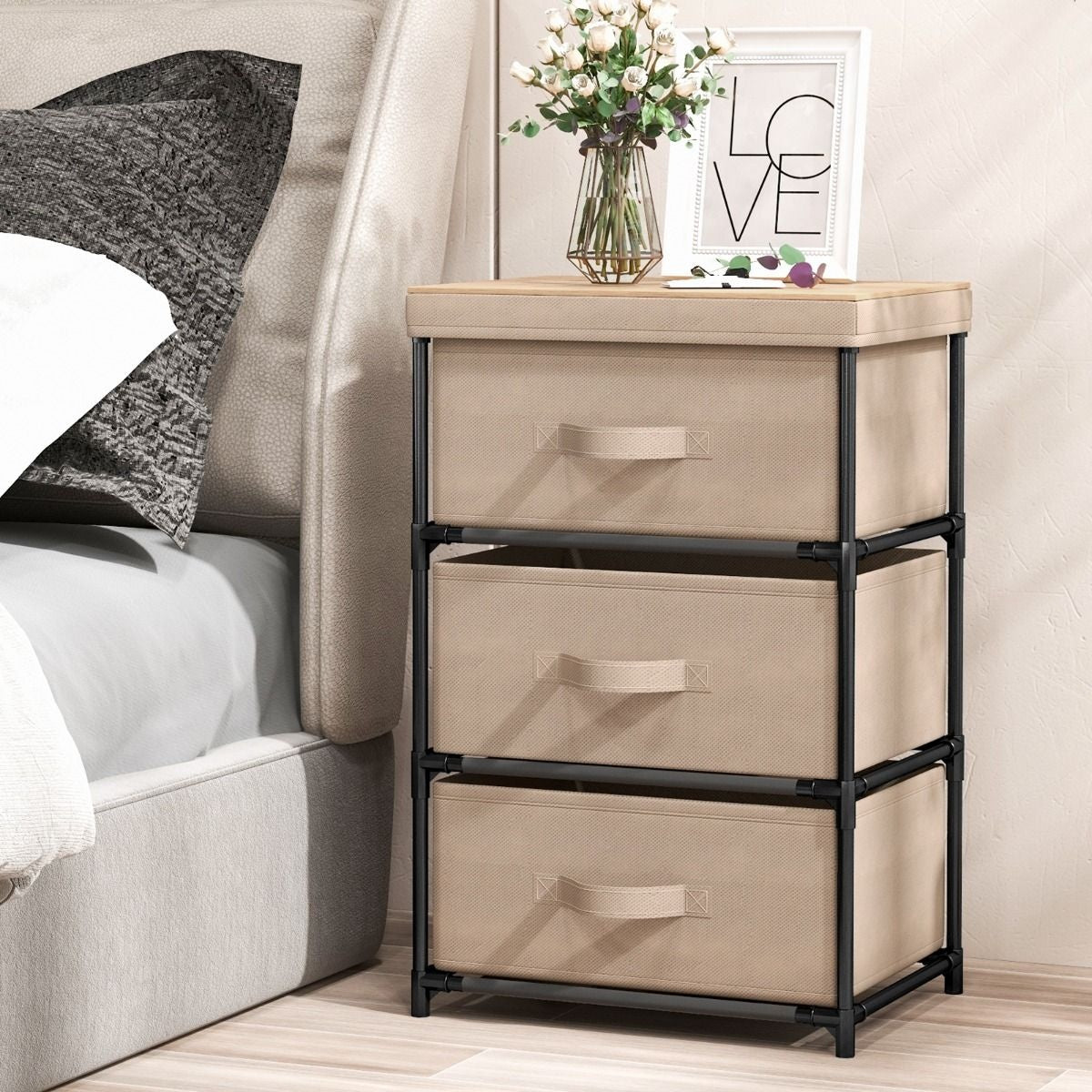 Coast Nachttisch - Mit 3 klappbaren Stoffschubladen - 40 x 30 x 62 cm - Kaffeebraun