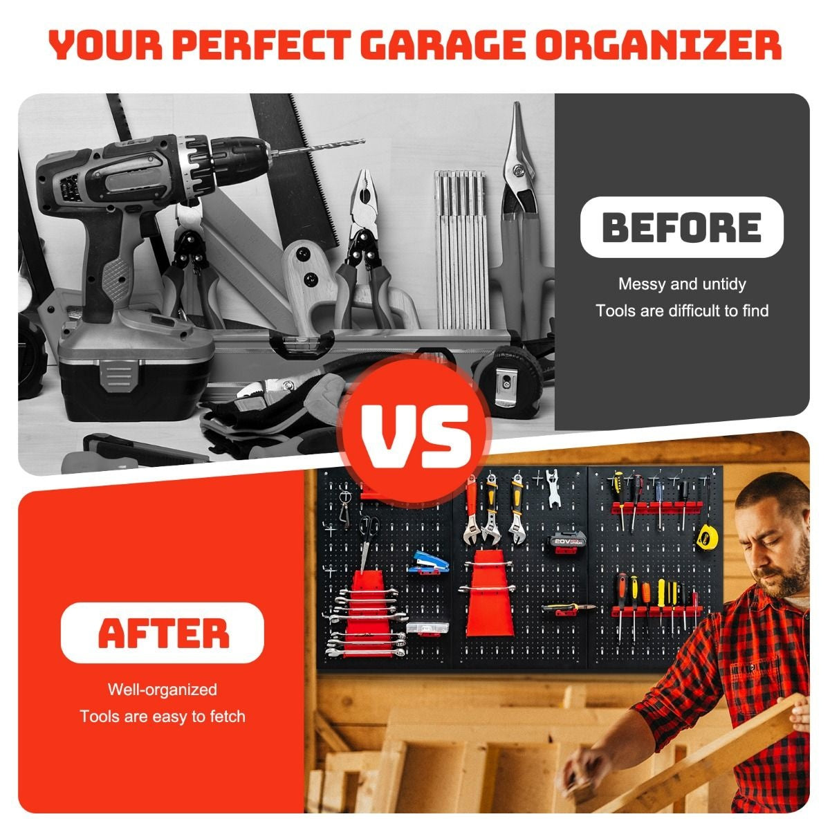 Pegboard Wall Organiser Metall Pegboard Tools Storage Kit mit 3 Pegboards & 25 hängenden Zubehör Schwarz+Rot