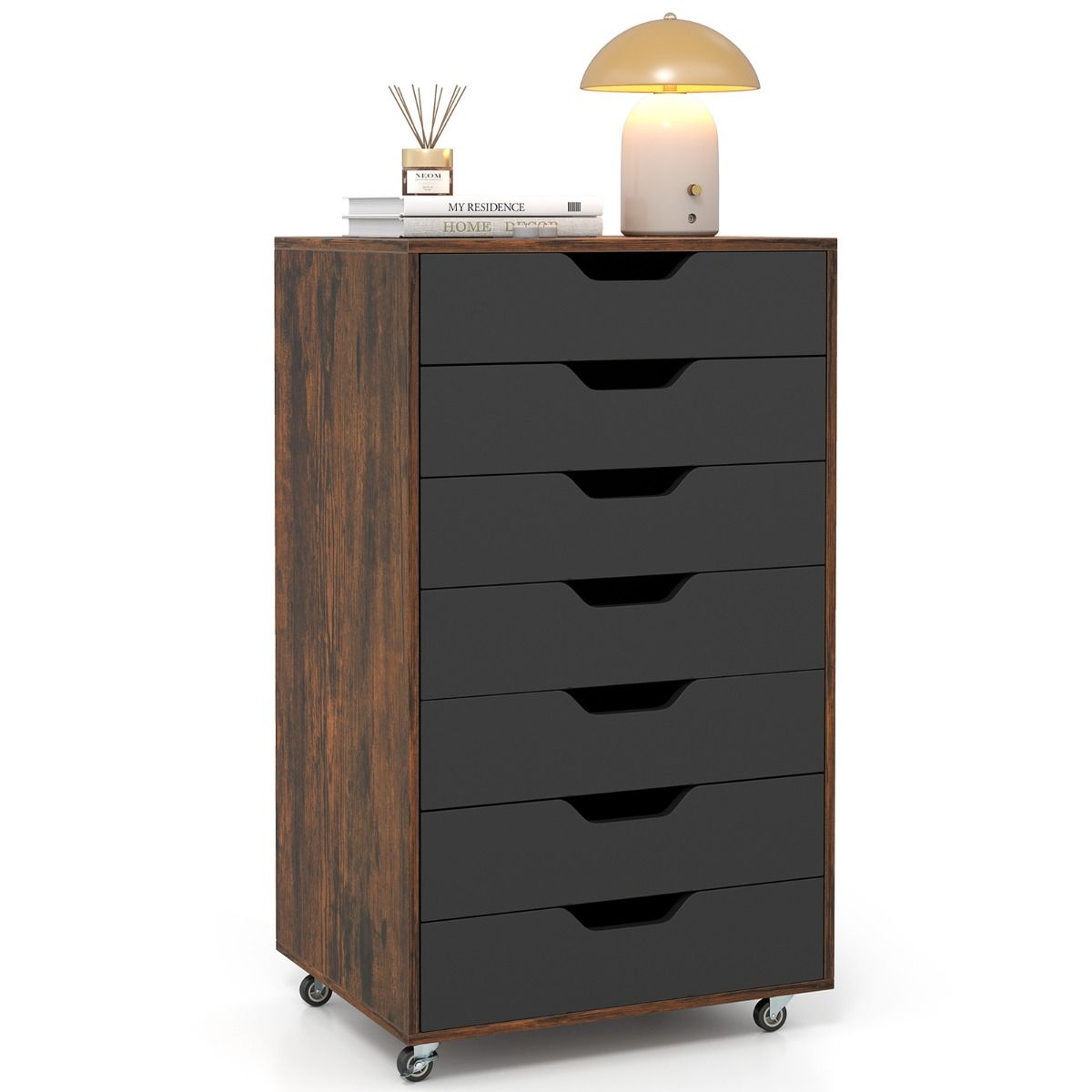 Coast Rollbare Holzkommode mit 7 Schubladen und Rollen – 49 x 40 x 89 cm – Rustikales Braun/Schwarz