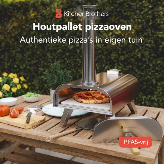 KitchenBrothers Pizzaofen - Holzbefeuert - Tischplatte - klappbar - Pizzastein - bis zu 460°C - Edelstahl - Komplettset - Pizzaofen für draußen - Edelstahl