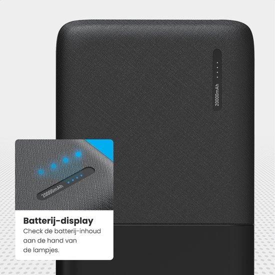 Auronic Powerbank - 20.000 mAh - 4 Anschlüsse - 2,4A USB/Micro-USB/USB-C - Inkl. Kabel - Schwarz