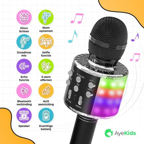 AyeKids 5-in-1 Karaoke-Mikrofon - Drahtlos & Bluetooth - Eingebauter Lautsprecher & Disco-Lichter - Inkl. AUX-Kabel - Mikrofon Kinder - Karaoke-Set - Schwarz