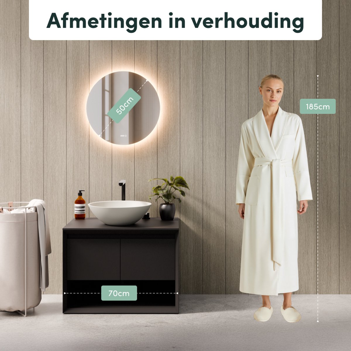 Beloura Badezimmerspiegel mit Beleuchtung - Runder Badezimmerspiegel - Heizung - Uhr - LED - 50 cm