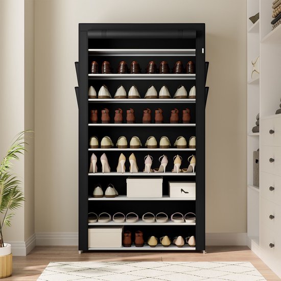 Schuhschrank / Schuhregal L - 9 Ebenen - Stoff - Schwarz - Inkl. Seitentaschen