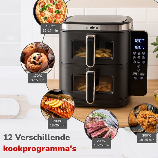 alpina Airfryer XXL - Doppel-Luftfritteuse 11L - Heißluftfritteuse 2 Körbe - Doppelt gestapelt für 8 Personen - Klappbares Display - Timerfunktion bis zu 60 Minuten - Temperatur 60-200°C - Schwarz