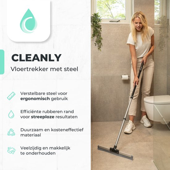 CLEANLY Bodenwischer mit Griff Teleskop 113-142 cm - Badezimmer-Bodenwischer mit Gummiwischer - Wasserwischer - Duschwischer - Breite 43,5 cm - Schwarz, Grau