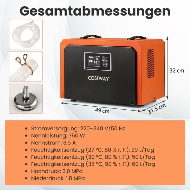Coast Construction Dryer Orange - Industrieller Luftentfeuchter 60L pro Tag mit Ablassschlauch und 24-Stunden-Timer - 49 x 31,5 x 32 cm