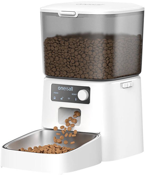 Oneisall Smart Futterautomat PFD-001 Pro CW15010 - Mit WLAN-Verbindung – Automatischer Futterautomat – Kabellos – Weiß – Futterautomat – Für Katzen und Hunde – Trockenfutter – Präzise Portionskontrolle – 3,5-Liter-Behälter – Mit App