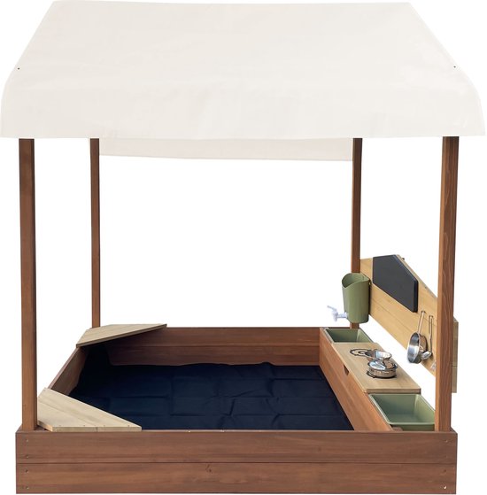 AXI Meli Sandkasten & Spielhaus 120 x 120 cm mit Spielküche – Braun – Mit Dach – FSC-Holz – Mit Kreidetafel, Wassertank und 6-teiligem Spielzeug-Kochset – Mit 2 Bänken - Inklusive Bodenplane – 10 Jahre Garantie