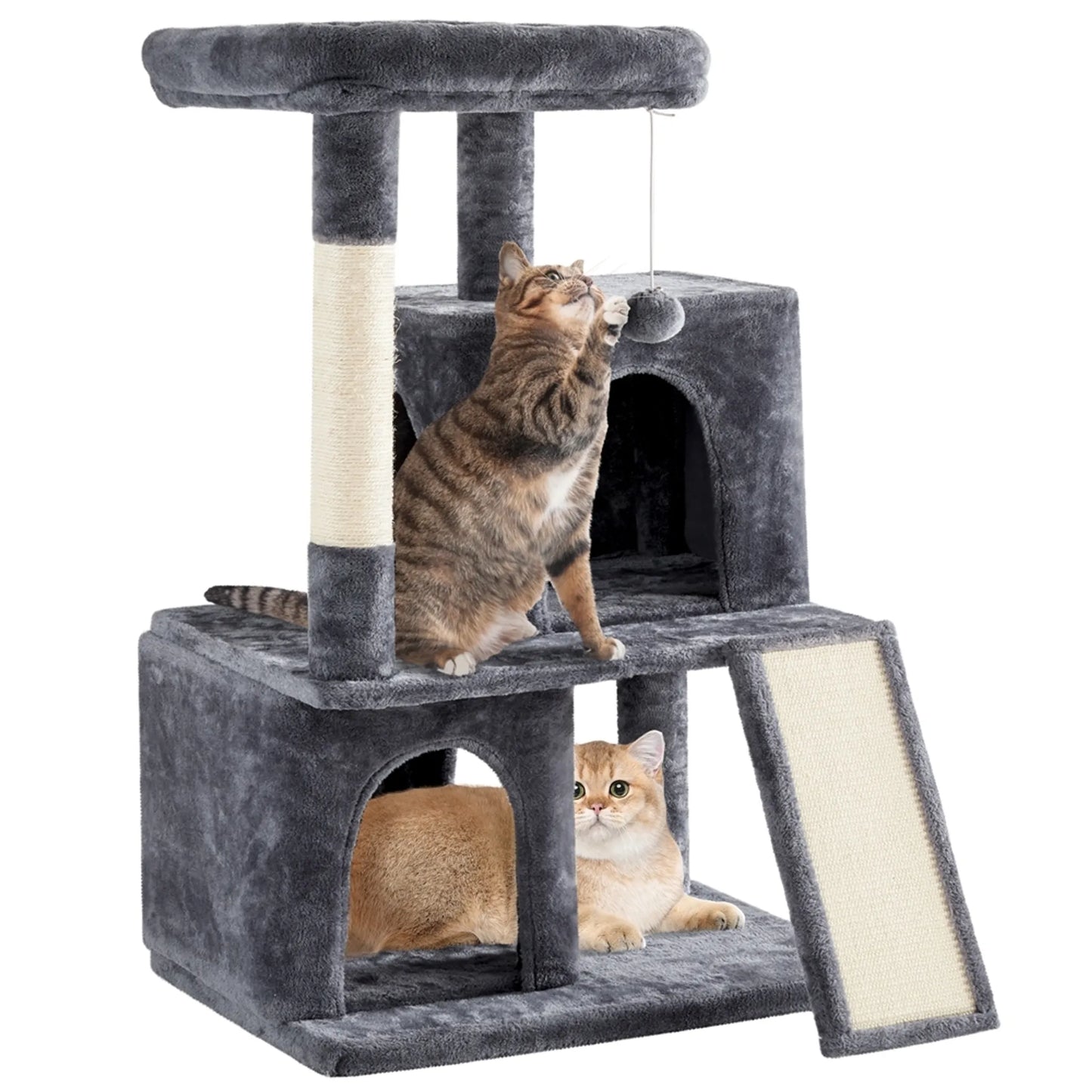 Yaheetech Katzenpfosten mit zwei Katzenhäusern - Ausgestattet mit Aussichtsplattform und Kratzbrett und Sisalstange und Spielball - Für 1-2 kleine bis mittlere Katzen - Dunkelgrauer Plüsch und Sisal - 60 x 45 x 106 cm
