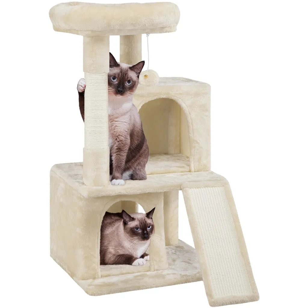 Yaheetech Katzenpfosten Beige - 91 cm hoch - mit 2 Katzenhäusern, Sisalkratzern und Spielball