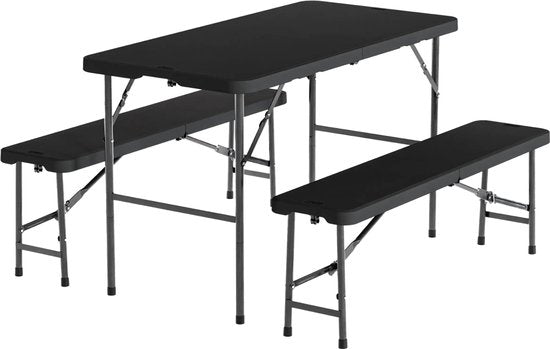 LifeGoods Zusammenklappbares Picknick-Set - 124cm x 61.5cm - Gartentisch mit 2 Bänken - Wetterfest - Campingtisch - Biertisch zusammenklappbar - Für Innen und Außen - Für 4 bis 6 Personen - Schwarz