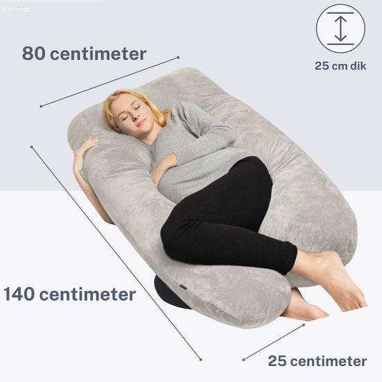Earkings Schwangerschafts-Schlafkissen 140x80cm U-Form mit abnehmbarem Bezug - Body Pillow hellgrau