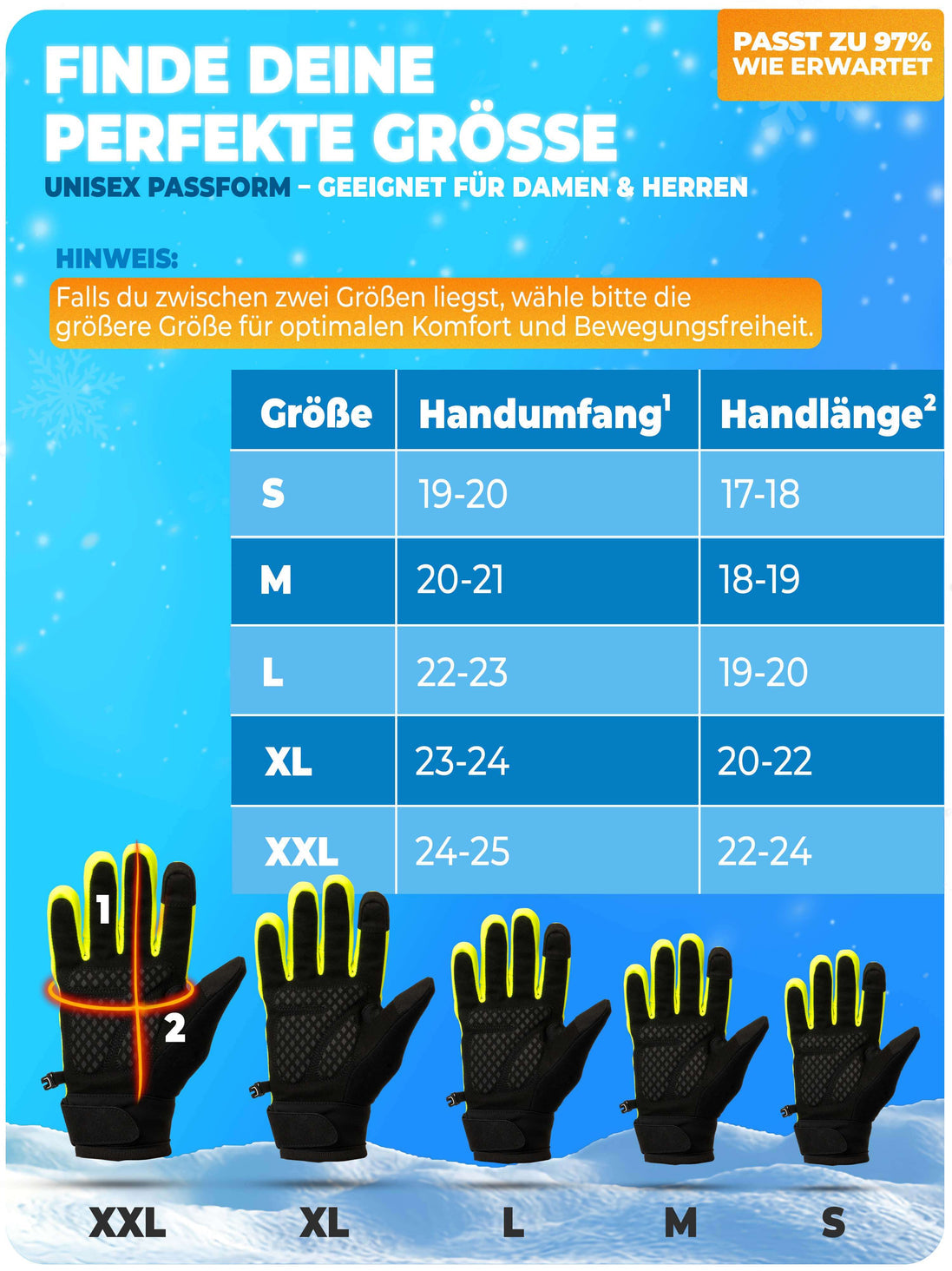 Winterhandschuhe - Thermo Fleece & 3M Isolierung - Winddicht & Wasserabweisend - Touchscreen - Anti-Rutsch-Griff - Gelb - Größe M