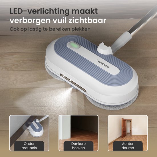Vapore Electric Mop Cordless - 150×150 RPM Dual Rotation - 40 min Batterie - LED-Beleuchtung - Bodenreiniger - Alle harten Böden - Leise 77,5 dB - Wischsystem mit Spray