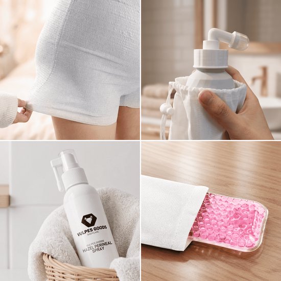 Vulpes Goods®BabyCare – Wochenbett-Set zur Erholung nach der Geburt – Peri-Flasche, Hamamelis-Spray, Slipeinlagen, Wochenbettunterwäsche & Kühlpads – Geschenk zur Geburt für die Mama – Wochenbett-Set – Postpartum-Box – Vaginalspülung – inkl. Umhängetasche
