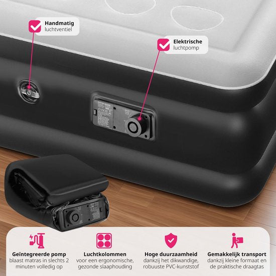 tectake - AirDreams aufblasbare Matratze mit elektrischer Pumpe - Inklusive Tragetasche mit Kordelzugverschluss - Wasserfest - Schlafzimmer - Camping - Gästebett - Abmessungen (LxBxH) 200 x 148 x 44 cm