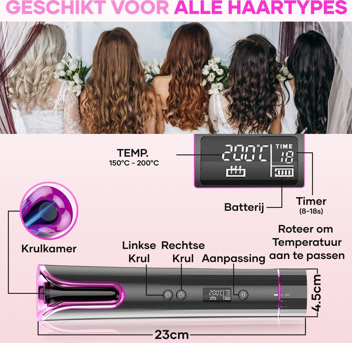 MoreWomenÂ® Automatischer Lockenstab - Kabelloser Lockenstab - 150Â°C-200Â°C - Wiederaufladbar & mit Einsätzen