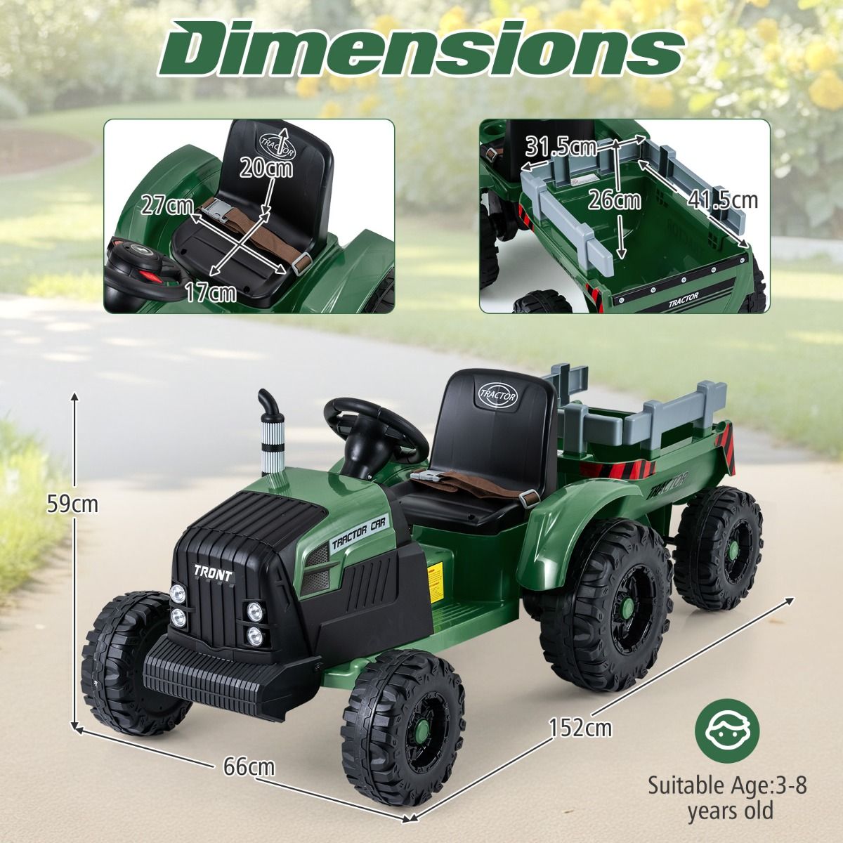 Coast Elektrischer Kindertraktor mit Anhänger – Doppelmotor – Fernbedienung – Dunkelgrün