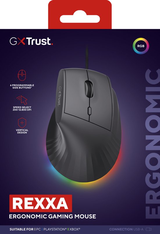 Trust GXT 145 Rexxa – Gaming-Maus – kabelgebunden – 12.800 DPI – RGB-Beleuchtung – ergonomisch, vertikal – schwarz