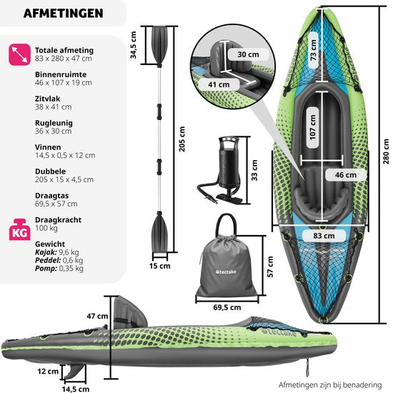 tectake - Aufblasbares Kajak - Aufblasbares Kanu für 1 Person mit Doppelpaddel und Zubehör - Sitz, Pumpe, Transporttasche - Wassersport - Ruderboot