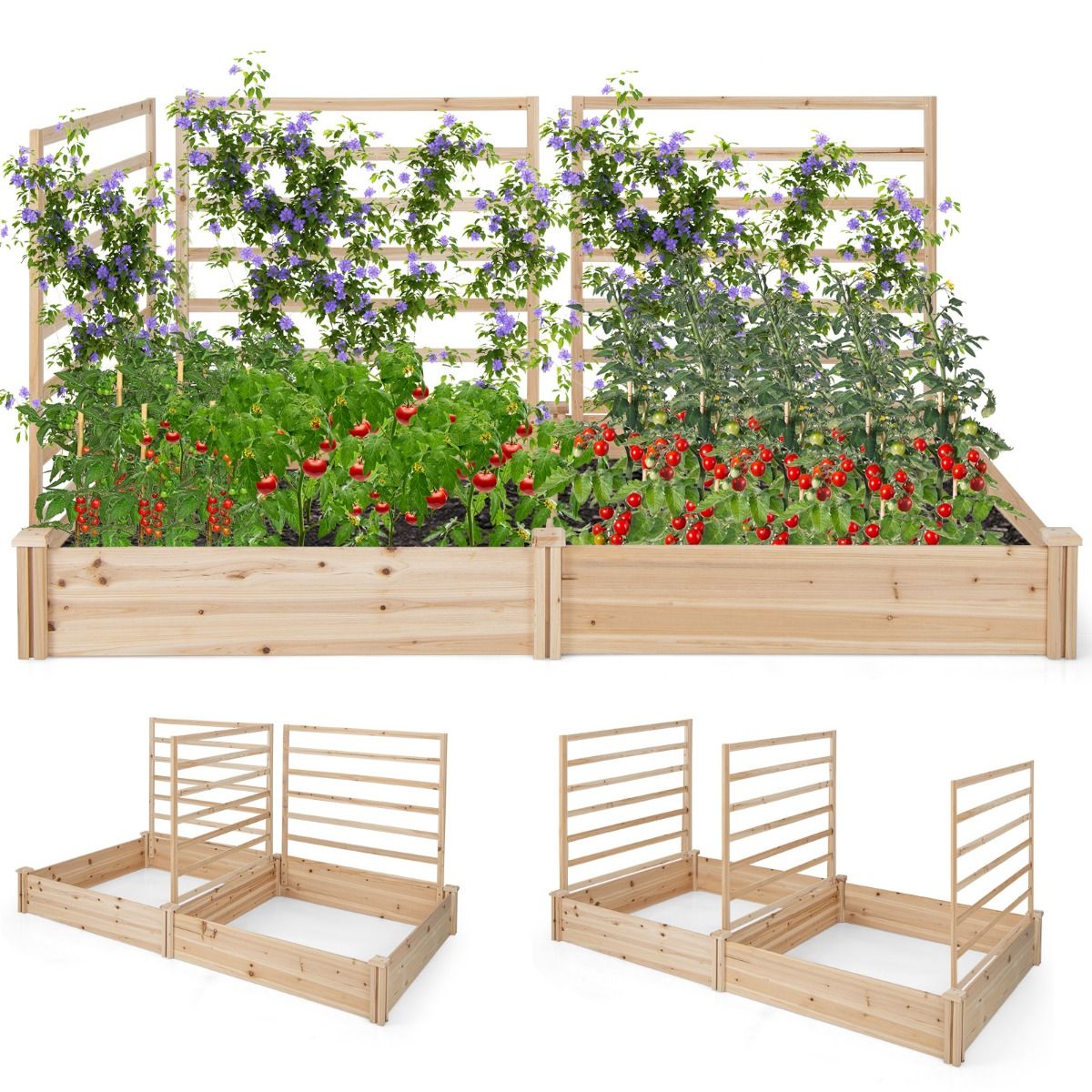 Coast Pflanzkasten aus Holz mit 3 Klettergittern – Hochbeet – Offener Boden – Naturbelassenes Kiefernholz – 222 x 114 x 110 cm