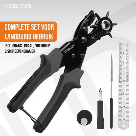 SolidStock Professionelle Lochzange für Gürtel – inklusive Messlatte – Lochzange – Revolverzange – Schwarz